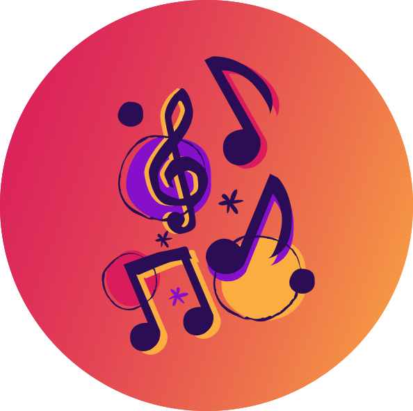 four music notes with colorful circles and stars decorating the background