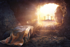 Rolled stone in the cave on Easter morning, empty tomb, and burial shroud